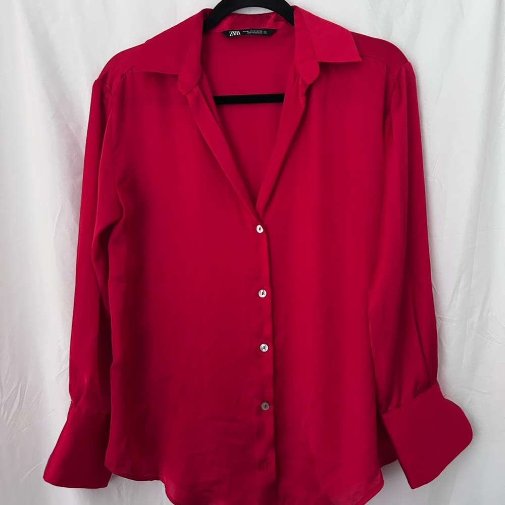 Zara Red Button-Down Silk Blend Blouse